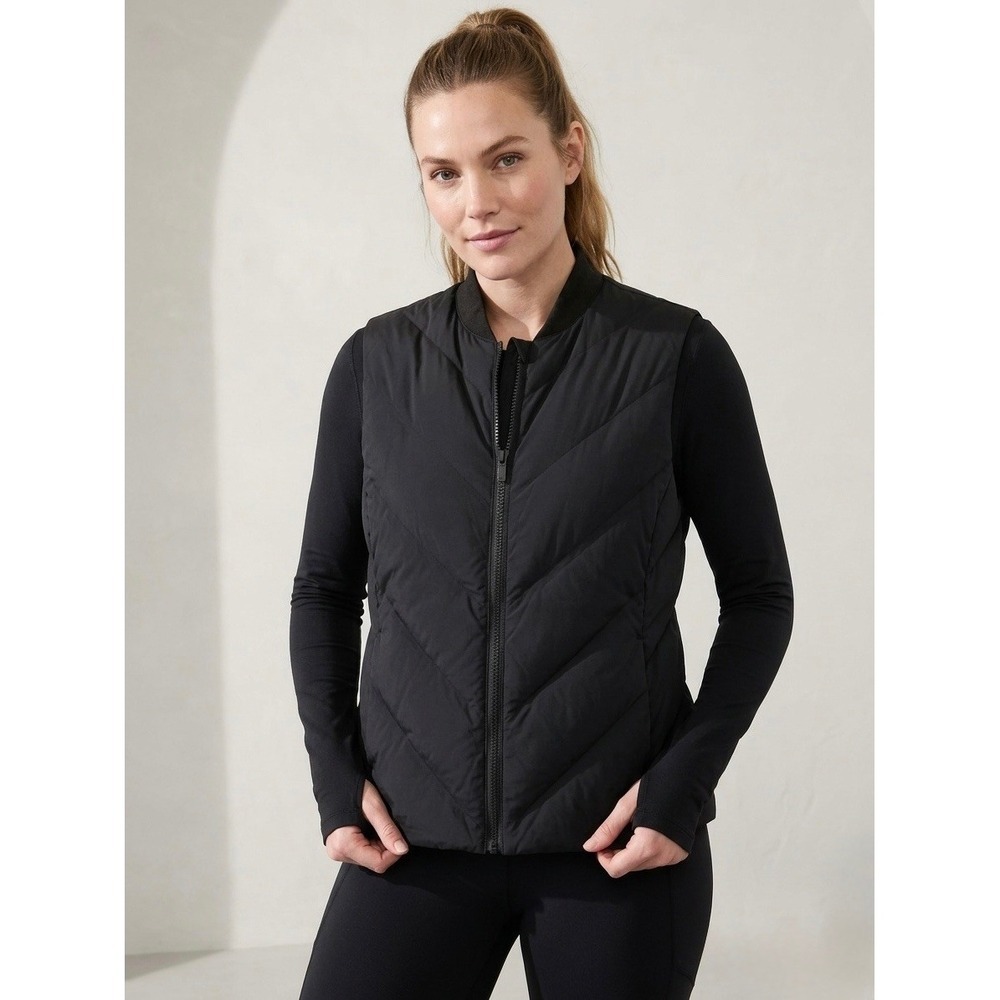 Athleta Downtown Vest Black Chevron Quilted Goose Down Puffer S/492717-00 Size M